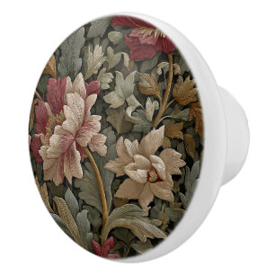 Bouton De Porte En Céramique Luxury Vintage British Roses Beige Burgundy Green