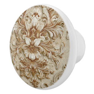 Bouton De Porte En Céramique Luxury Vintage Damask Beige Floral Classic