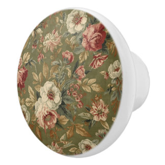 Bouton De Porte En Céramique Luxury Vintage Flowers Leaves Olive Green British