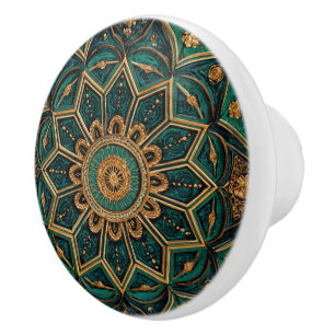 Bouton De Porte En Céramique Luxury Vintage Islamic Geometric EmeraldGreen Gold
