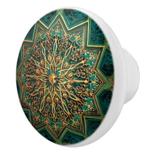 Bouton De Porte En Céramique Luxury Vintage Islamic Geometric EmeraldGreen Gold