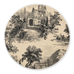 Bouton De Porte En Céramique Luxury Vintage Toile Jouy Black Ink Beige French