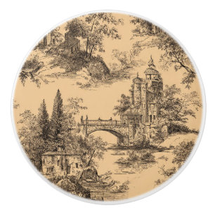 Bouton De Porte En Céramique Luxury Vintage Toile Jouy Black Ink Beige French