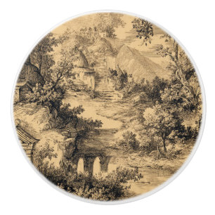 Bouton De Porte En Céramique Luxury Vintage Toile Jouy Black Ink Beige French