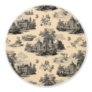 Bouton De Porte En Céramique Luxury Vintage Toile Jouy Black Ink Beige French