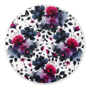 Bouton De Porte En Céramique Magenta rose et bleu floral à l'encre aquarelle