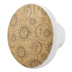 Bouton De Porte En Céramique Magie Beige Tan Vintage Ciel Soleil Lune Étoiles