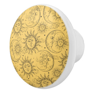 Bouton De Porte En Céramique Magie Jaune Vintage Céleste Soleil Lune Étoiles