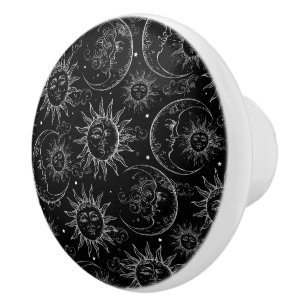 Bouton De Porte En Céramique Magie Noire Vintage Céleste Soleil Lune Étoiles