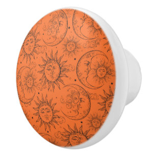 Bouton De Porte En Céramique Magie Orange Vintage Céleste Soleil Lune Étoiles