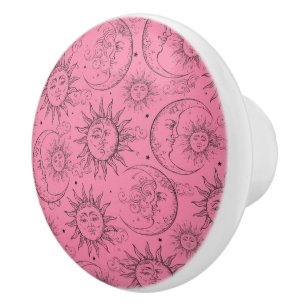 Bouton De Porte En Céramique Magie Rose Vintage Céleste Soleil Lune Étoiles
