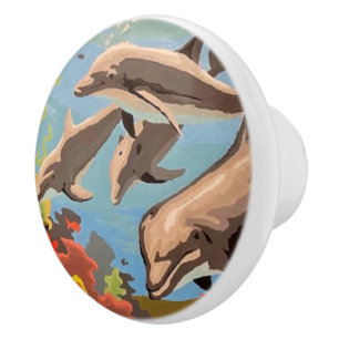 Bouton De Porte En Céramique Main Painted by Number Dolphins