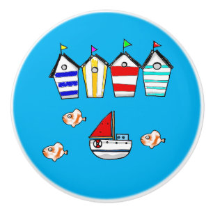 Bouton De Porte En Céramique maison de plage amusante et bateau de mer