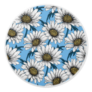 Bouton De Porte En Céramique Maisonnettes, fleurs sauvages sur bleu