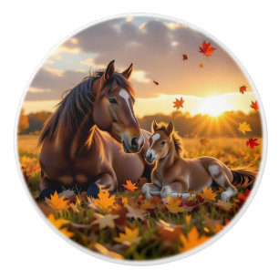 Bouton De Porte En Céramique Maman cheval et bébé poulain assis dans les feuill
