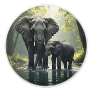 Bouton De Porte En Céramique Maman et bébé éléphant dans la rivière