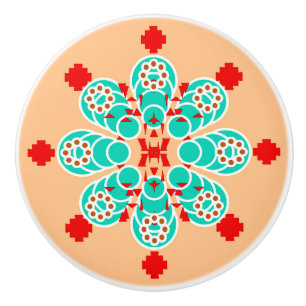 Bouton De Porte En Céramique Mandala à huit points - turquoise et pêche