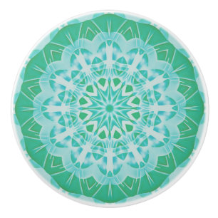Bouton De Porte En Céramique Mandala abstrait turquoise vert peint à la main