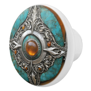 Bouton De Porte En Céramique Mandala Ambre Ember avec Turquoise et Argent Orné