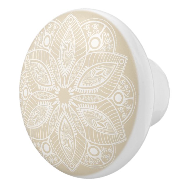 Bouton De Porte En Céramique Mandala blanc exotique sur Arrière - plan beige (Droite)