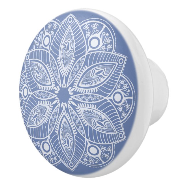 Bouton De Porte En Céramique Mandala blanc exotique sur Arrière - plan bleu (Droite)