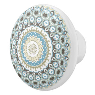 Bouton De Porte En Céramique Mandala côtier dans des tons de sable, de bleu et 