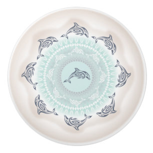 Bouton De Porte En Céramique Mandala dauphins bleu pâle taupe