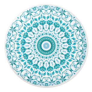 Bouton De Porte En Céramique Mandala Floral Bleu Turquoise