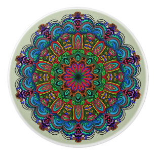 Bouton De Porte En Céramique Mandala floral et motif géométrique vibrant