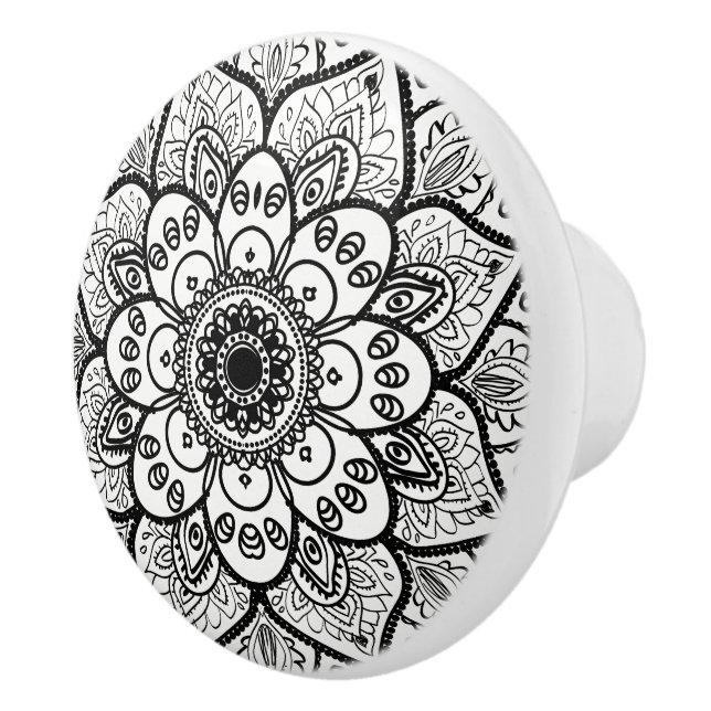 Bouton De Porte En Céramique Mandala Floral Noir (Droite)
