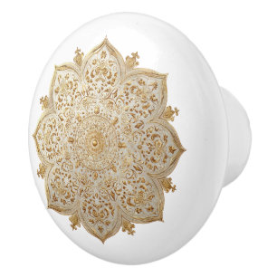Bouton De Porte En Céramique Mandala floral orné doré