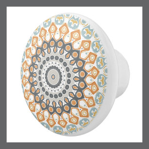 Bouton De Porte En Céramique Mandala géométrique en orange, gris et bleu