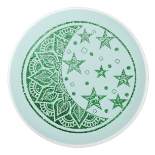 Bouton De Porte En Céramique Mandala Lune et Étoiles en Paillettes Vertes