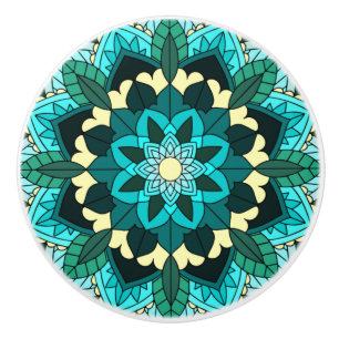 Bouton De Porte En Céramique Mandala Motif 02 en aqua