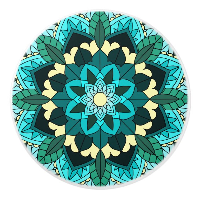 Bouton De Porte En Céramique Mandala Motif 02 en aqua (Devant)