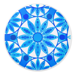 Bouton De Porte En Céramique Mandala motif, cobalt, turquoise et blanche