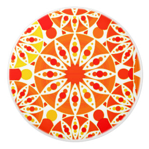 Bouton De Porte En Céramique Mandala motif, Coral Orange et Gold