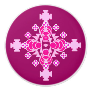 Bouton De Porte En Céramique Mandala Motif en quatre points - rose pâle et prun