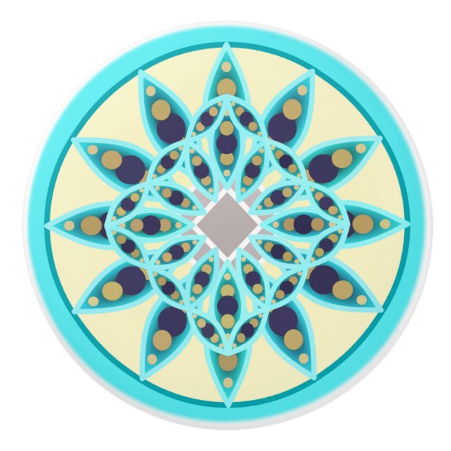 Bouton De Porte En Céramique Mandala motif en turquoise, bronzette et marine (Devant)