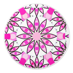 Bouton De Porte En Céramique Mandala motif, rose chaud, noir et blanc