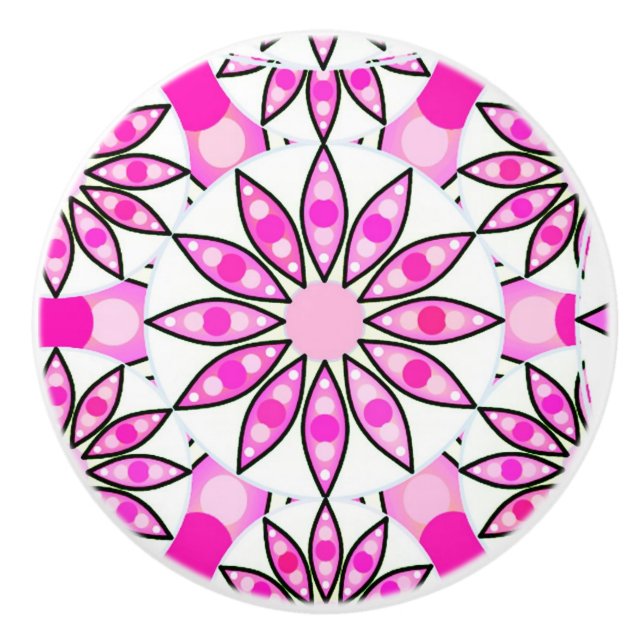 Bouton De Porte En Céramique Mandala motif, rose chaud, noir et blanc (Devant)