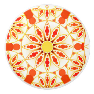 Bouton De Porte En Céramique Mandala motif, rouge brique, rouille, or