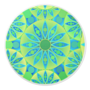 Bouton De Porte En Céramique Mandala motif, turquoise, bleu, vert citron