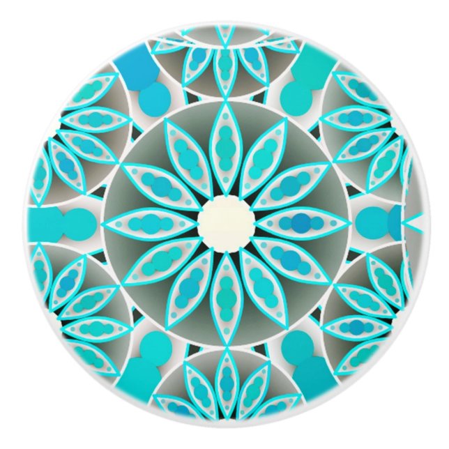 Bouton De Porte En Céramique Mandala motif, turquoise, gris argenté et blanc (Devant)
