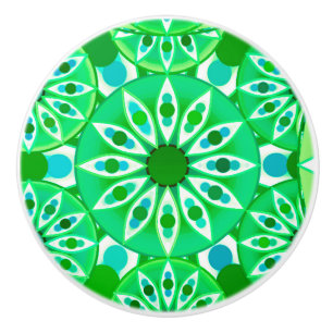 Bouton De Porte En Céramique Mandala motif, vert émeraude et paon