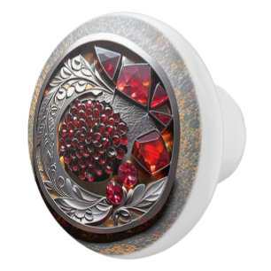 Bouton De Porte En Céramique Mandala Rubis Rouge avec Argent Orné