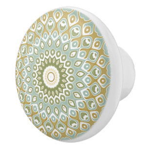 Bouton De Porte En Céramique Mandala Terrien en Vert, Or et Bleu Clair