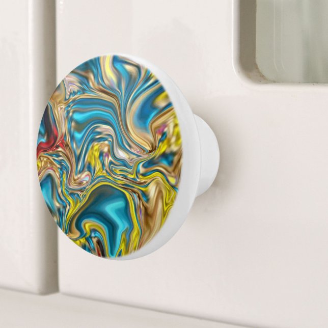 Bouton De Porte En Céramique marbre abstrait tourbillons jaune turquoise bleu t (abstract marble swirls yellow teal turquoise blue ceramic knob)