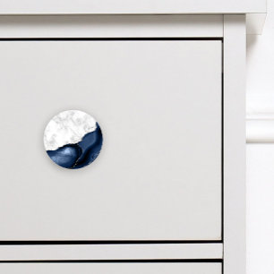 Bouton De Porte En Céramique Marbre Blanc Agate Bleu Marine Paillettes Argentée