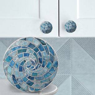 Bouton De Porte En Céramique Marbre bleu et mosaïque aquamarine en spirale